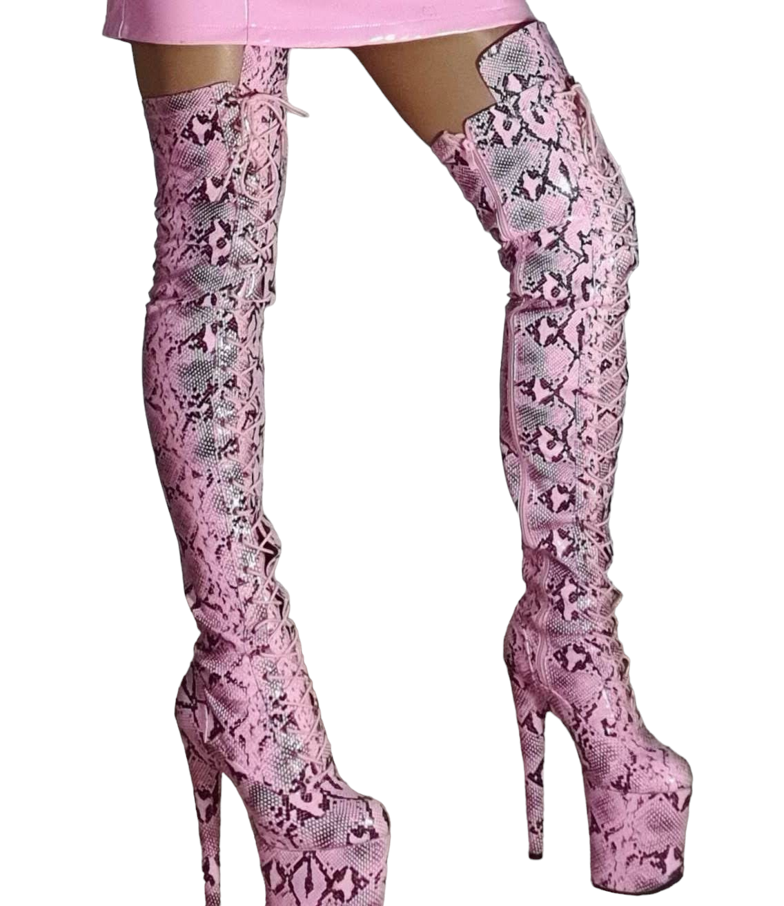 Thigh High Pink Platform Boot. Vegan Leather. Pink Python