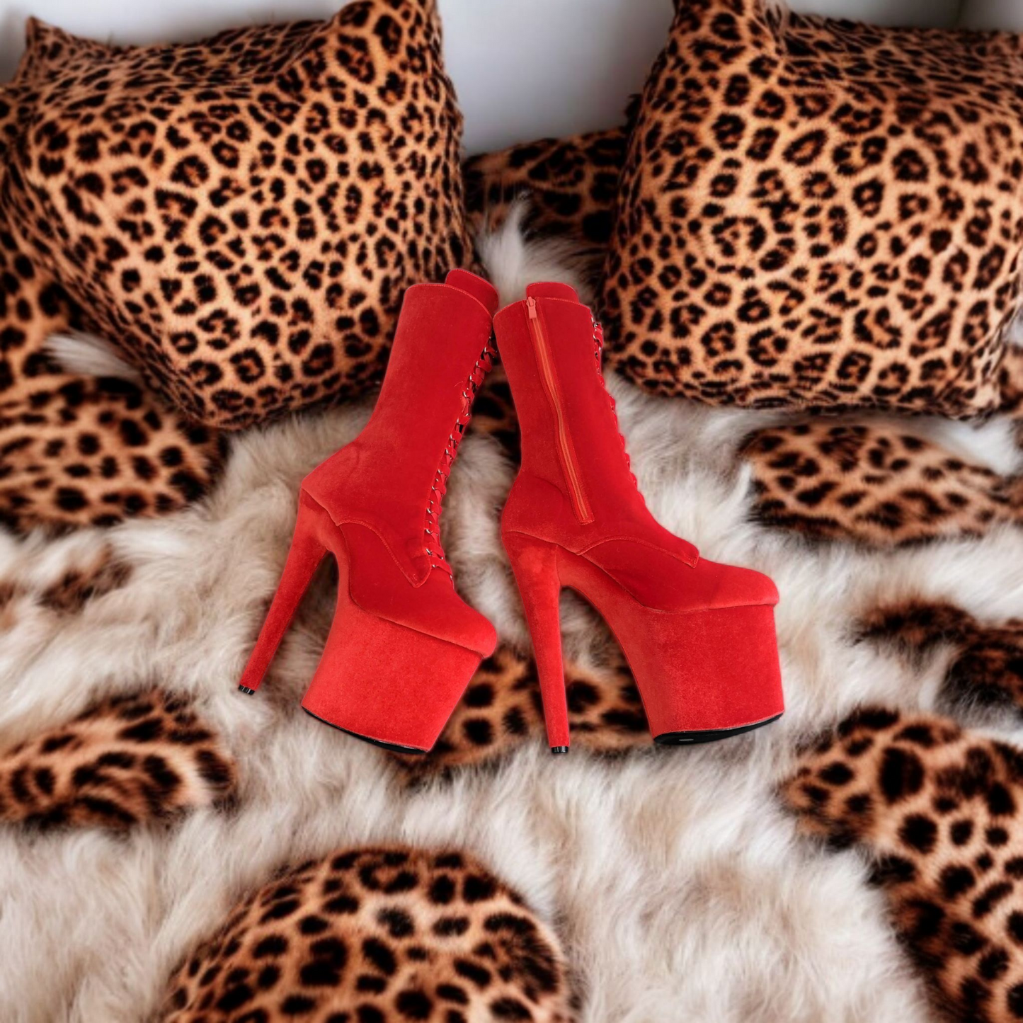 Red Velvet Calf Length Platform Boots
