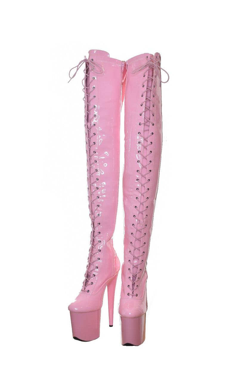 Barbz Pearlescent Pink Thigh High Platform Boots. 20cm 8 Inch Heels.  Dragpole Shoes