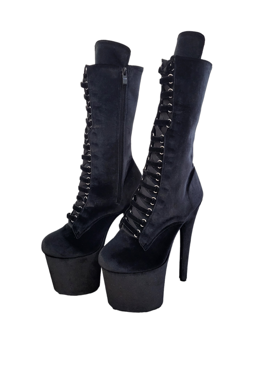 Black Velvet Calf Length Stiletto Platform Boots