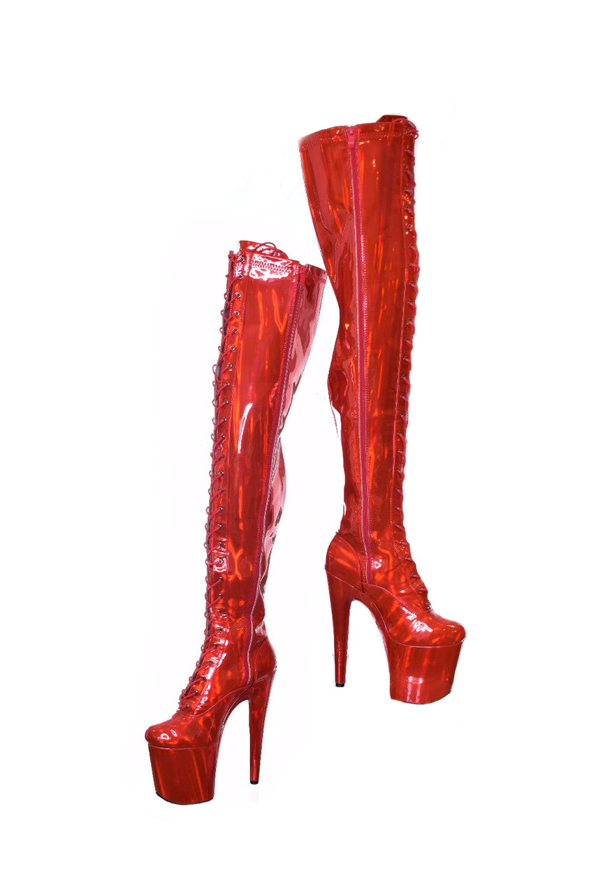 Hot Cherry Red 8 inch Thigh High Platform Boot.