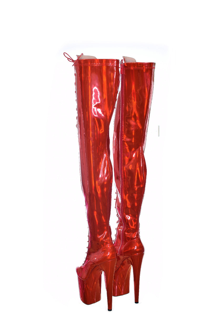 Hot Cherry Red Thigh High Platform Boot. Vegan Leather.