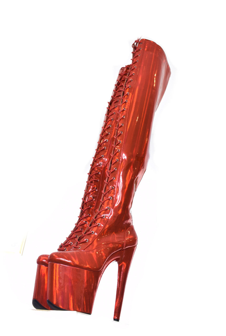 Hot Cherry Red Thigh High Platform Boot. Vegan Leather 8 inch heels