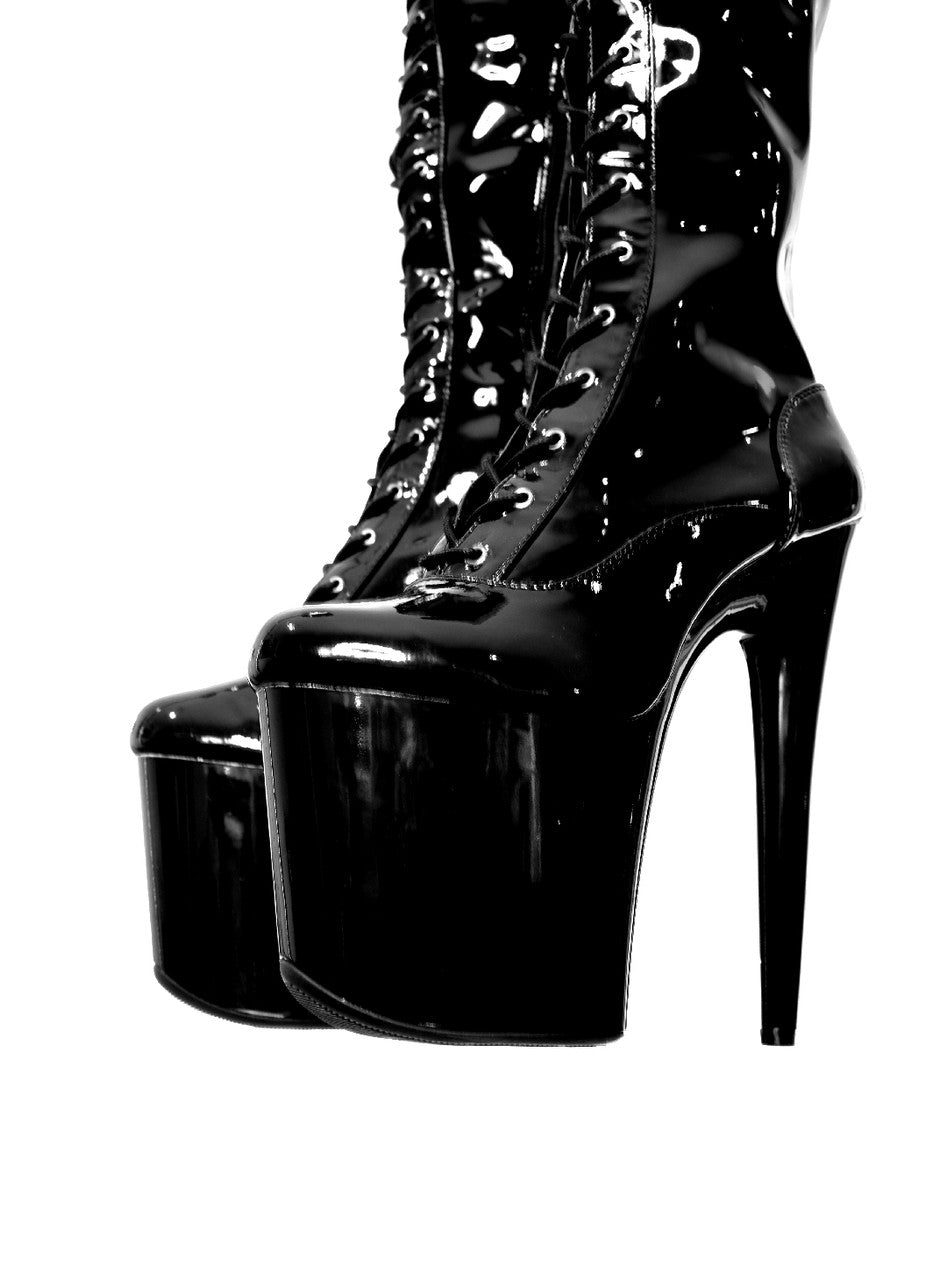 Shiny Glossy Black Thigh High Platform Boot.