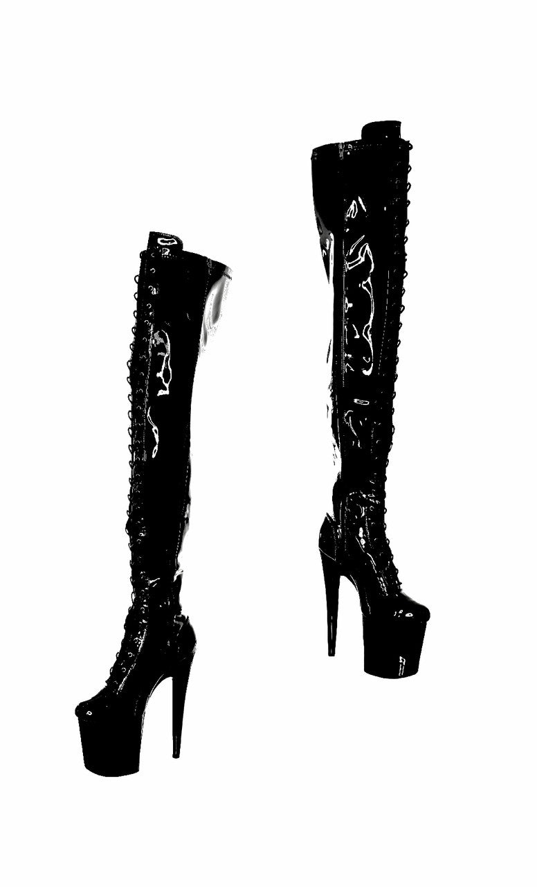Shiny Glossy Black Thigh High Platform Boot. 20cm 8 Inch.