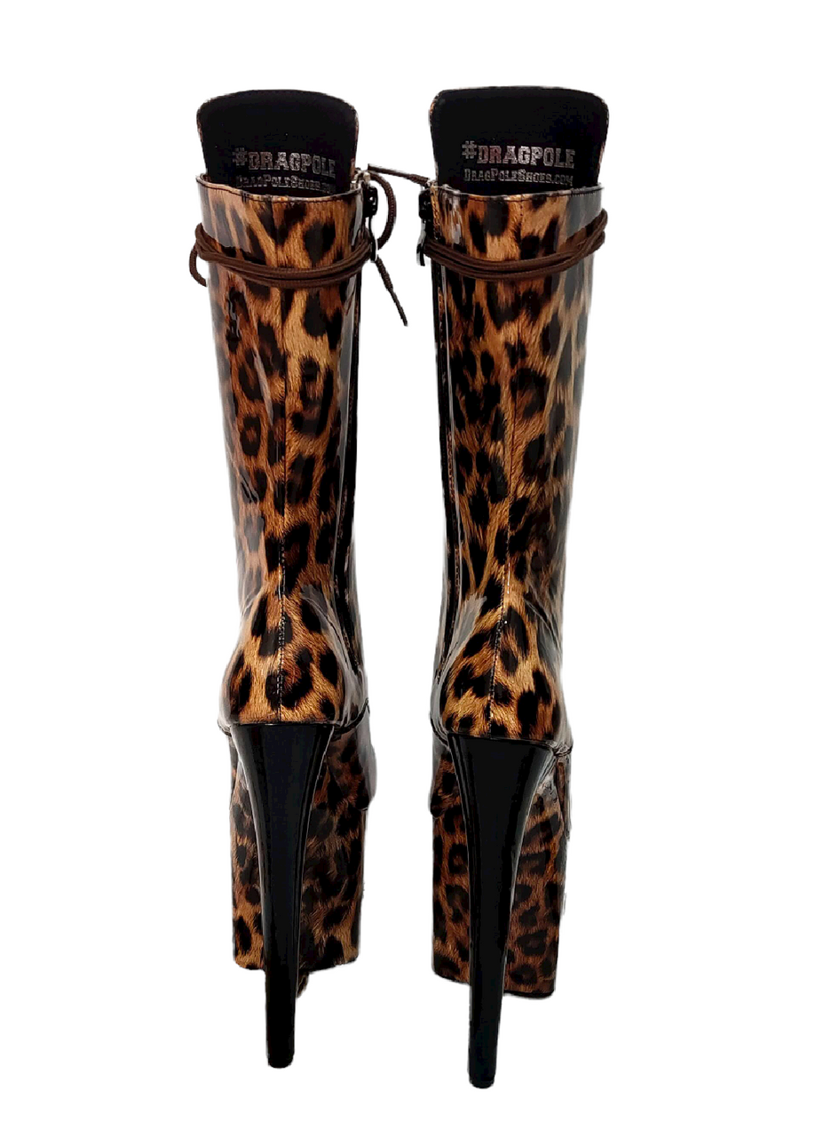 Brown Leopard Patent Print Platform Boots. Vegan Leather
