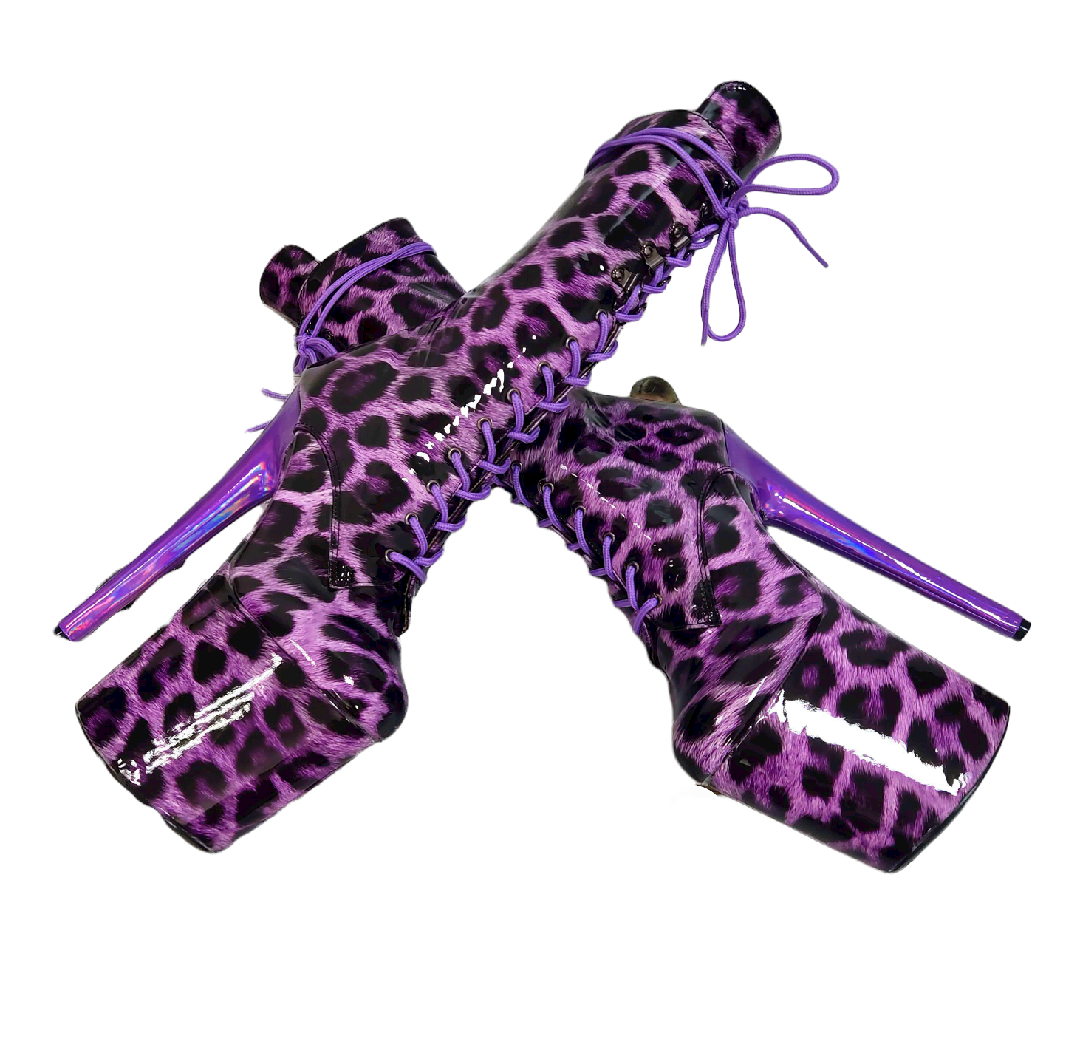 Purple Leopard Patent Print Platform Boots. Vegan Leather 8 inch