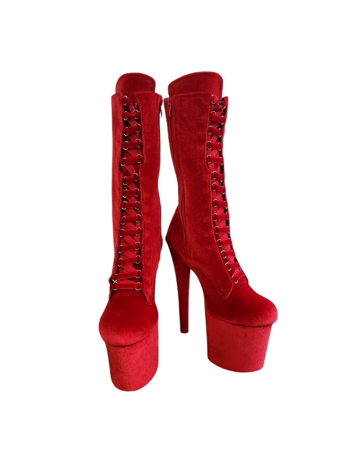 Red Velvet Calf Length Platform Boots