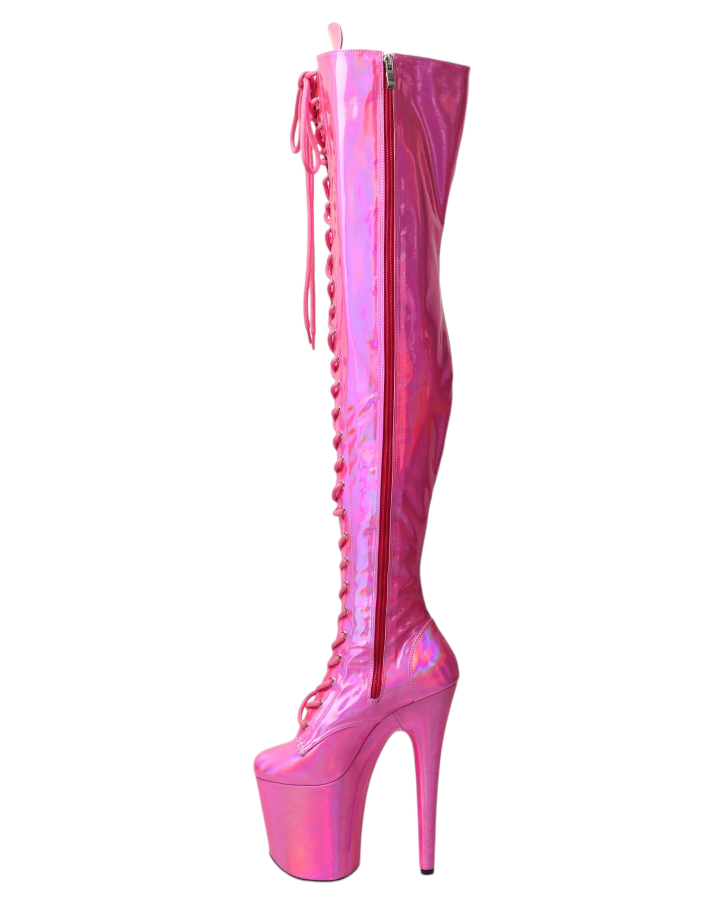 Pearlescent Pink Thigh 8 Inch Platform Boots.
