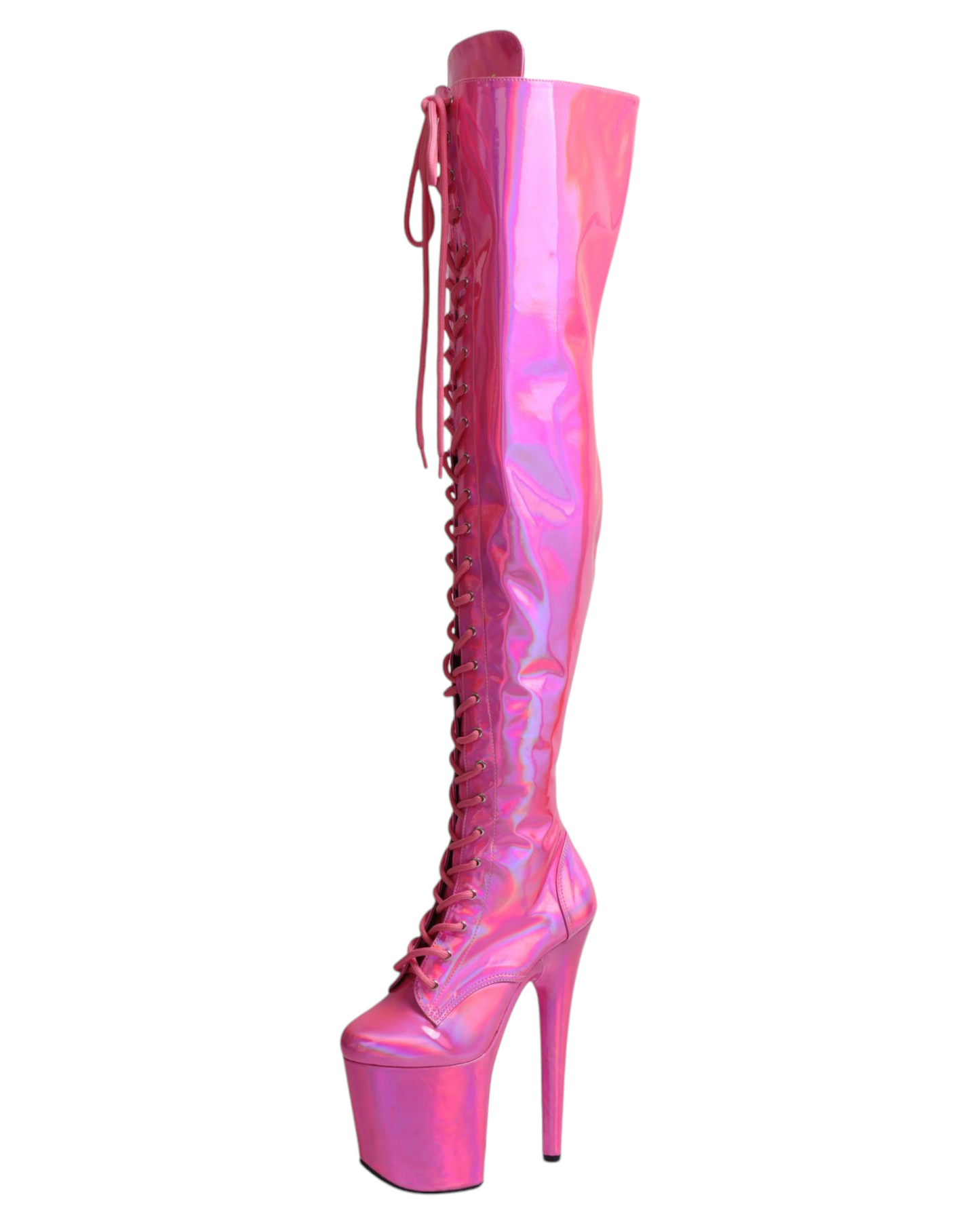 Pearlescent Pink Thigh 8 Inch Platform Boots.