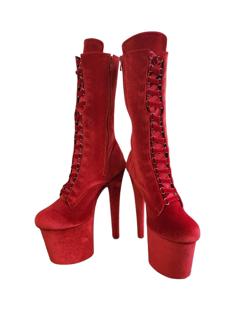 Red Plush Velvet Calf Length Platform Boots