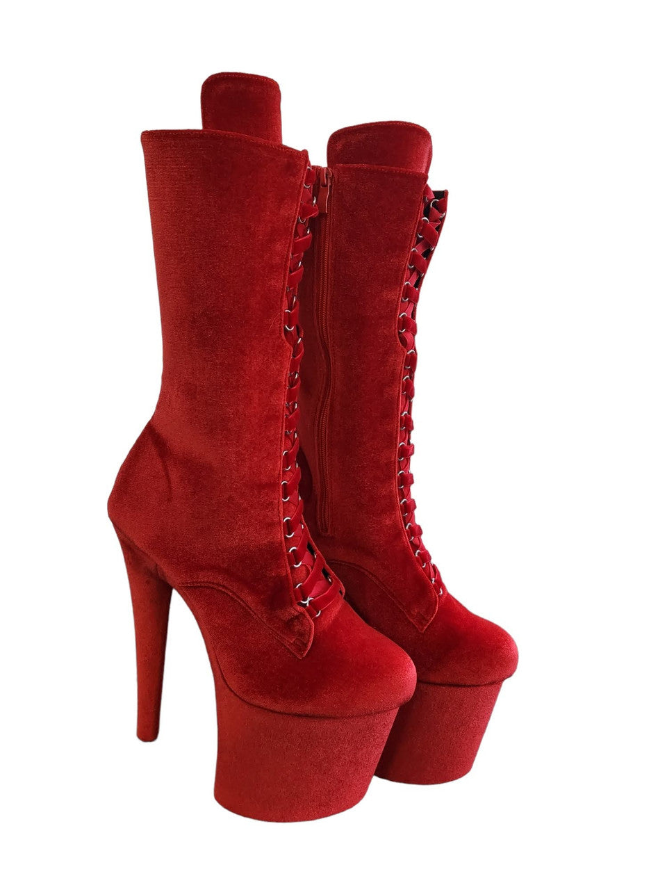 Red Plush Velvet Calf Length Platform Boots