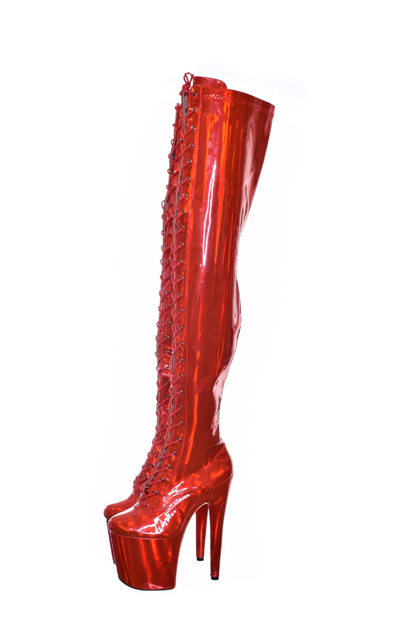 Hot Cherry Red Thigh High Platform Boot. Vegan Leather 8 inch 20 cm