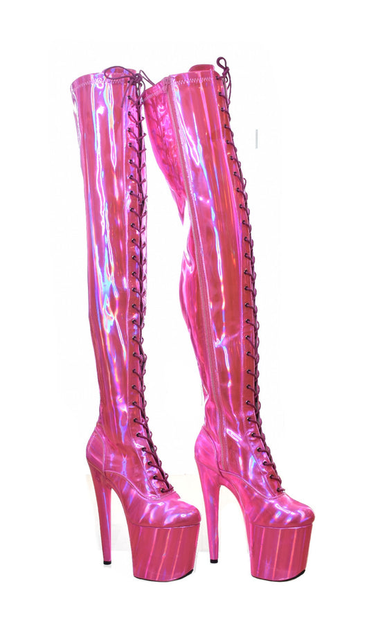 Barbz Pearlscent Pink Thigh High Platform Boots. 20cm 8 Inch 